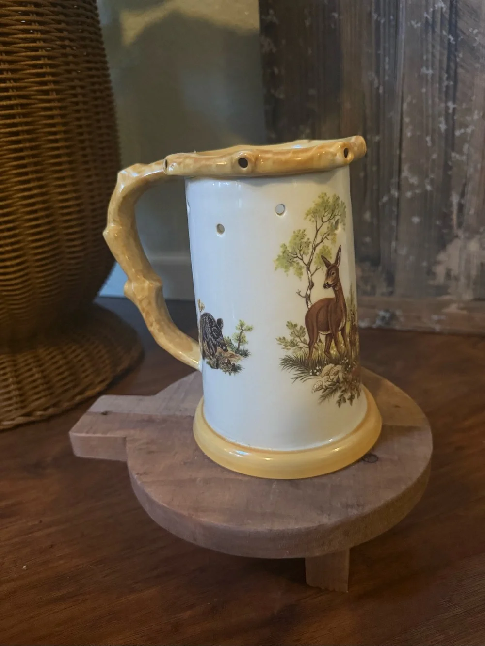 Vintage German Porcelain Trick Puzzle Beer Stein - Deer Motif w/ Lithophane